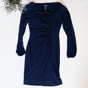 Chaps Navy Ruched Long split Sleeve Dress Stretch Midi Small